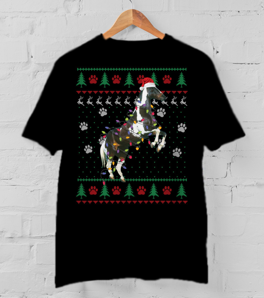 American Paint Horse Christmas Lights Santa Hat Ugly T-Shirt
