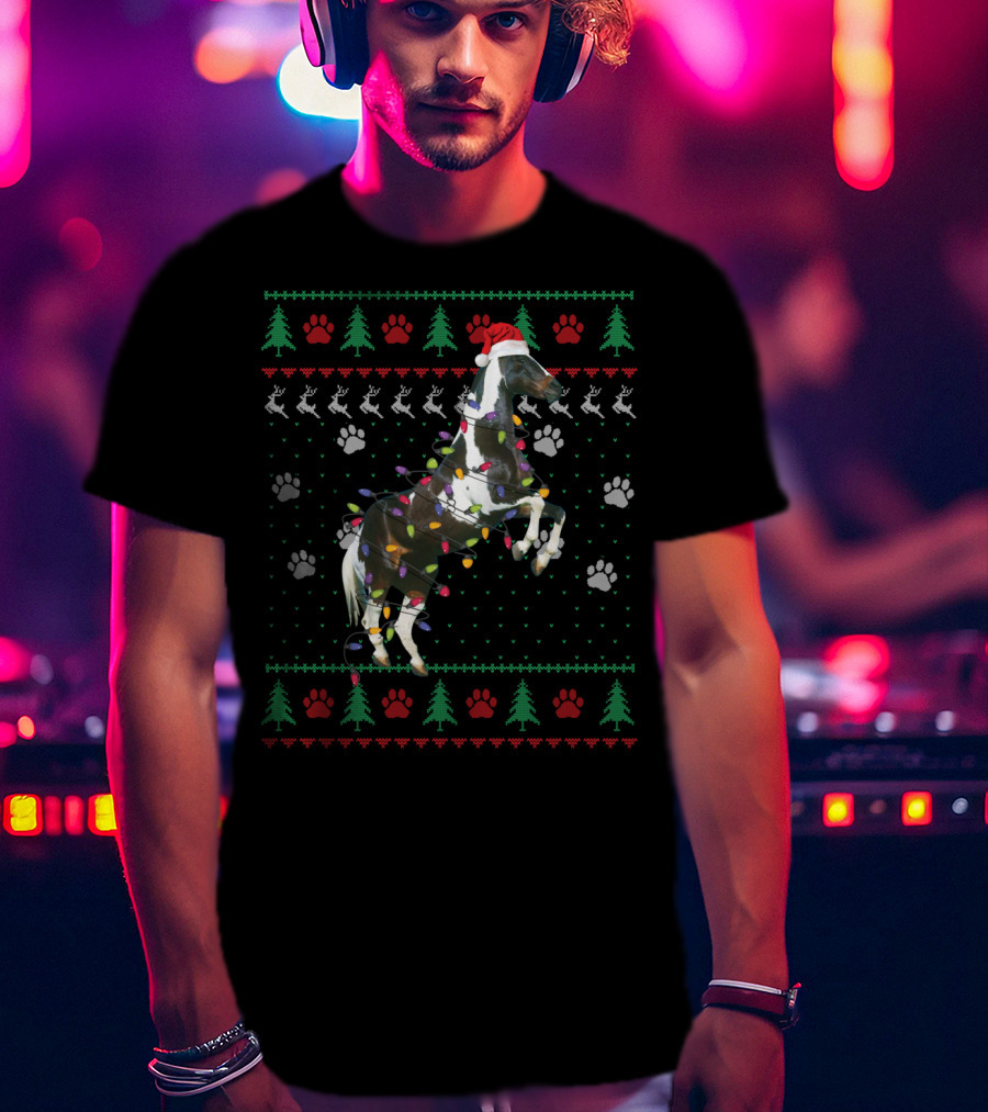American Paint Horse Christmas Lights Santa Hat Ugly T-Shirt