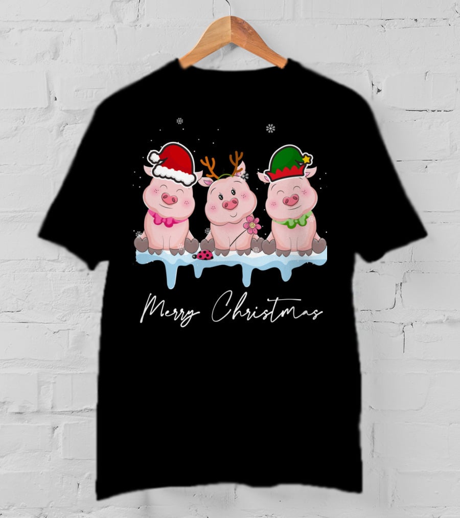 Merry Christmas Cute Pig Santa Hat Xmas Holiday Trio T-Shirt