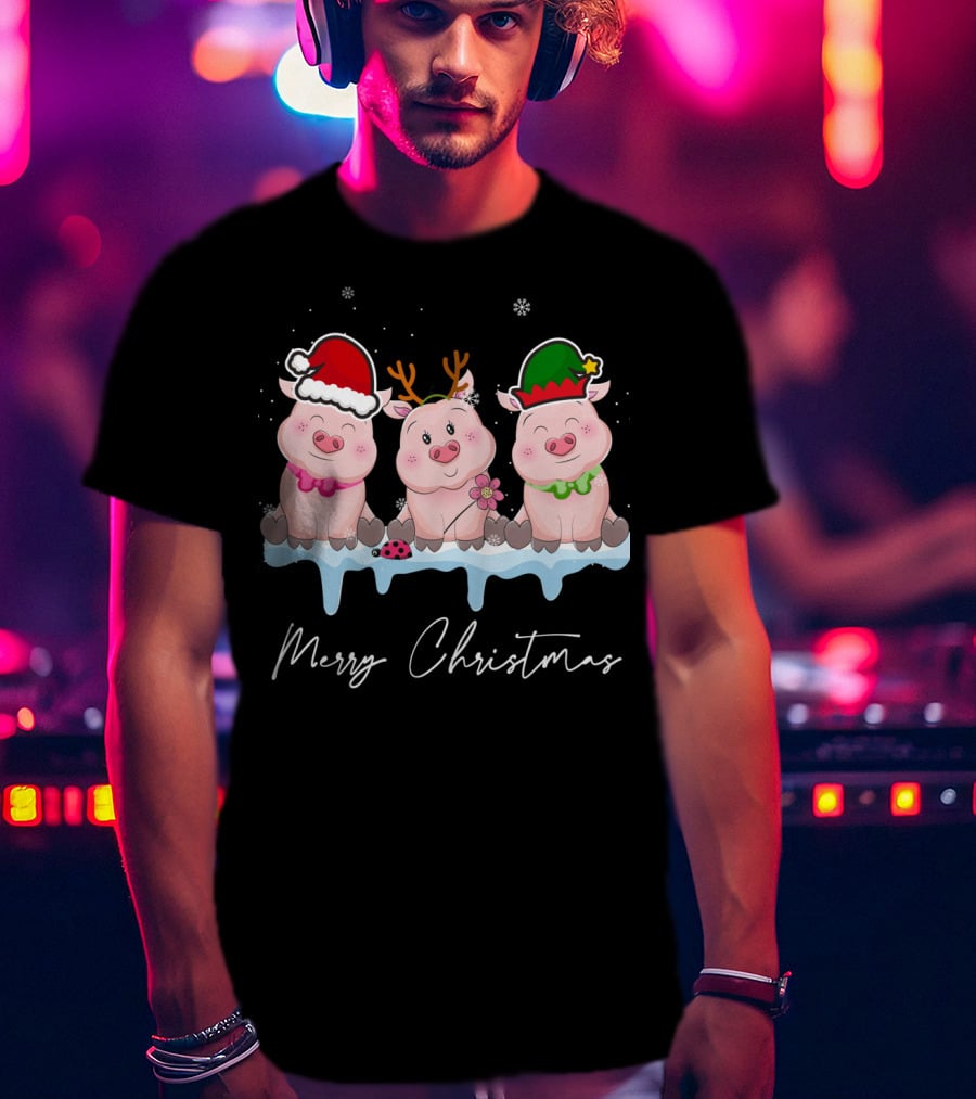 Merry Christmas Cute Pig Santa Hat Xmas Holiday Trio T-Shirt