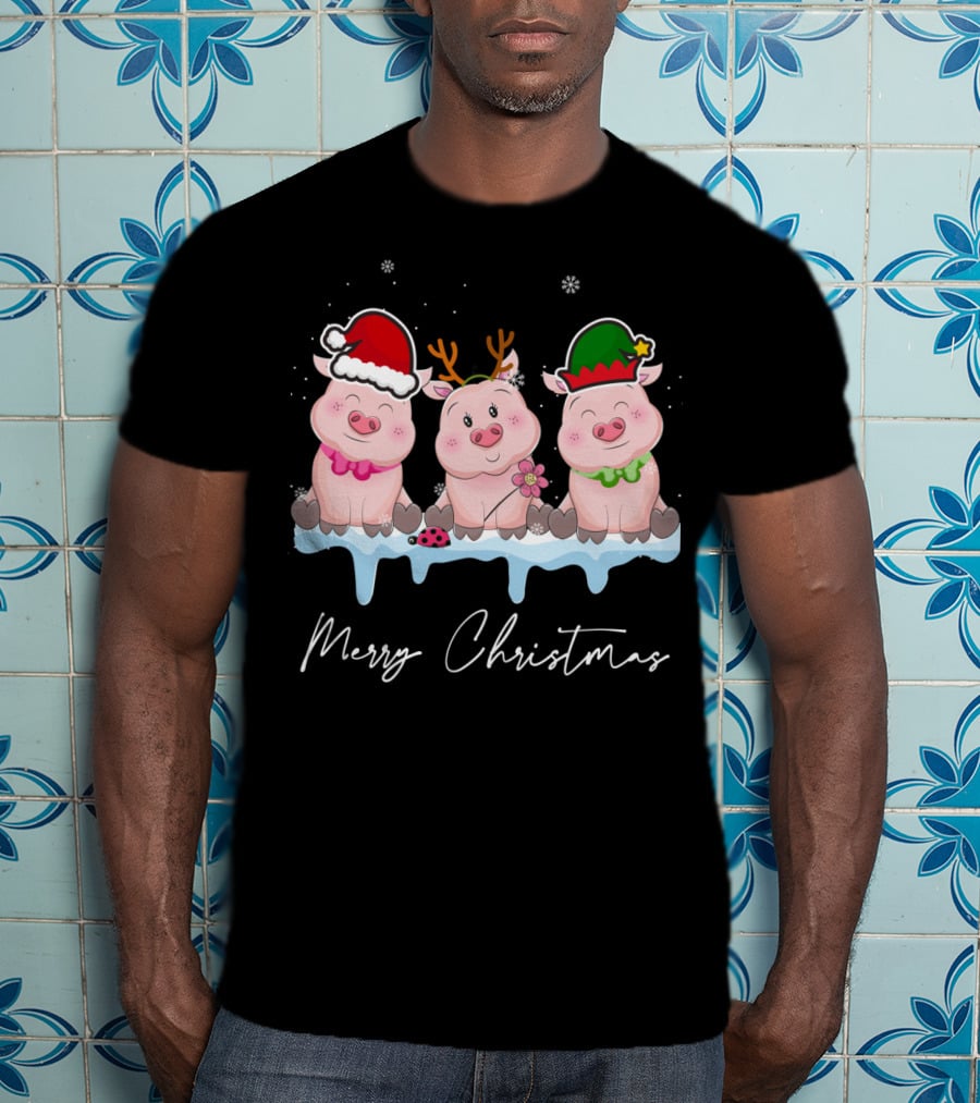 Merry Christmas Cute Pig Santa Hat Xmas Holiday Trio T-Shirt