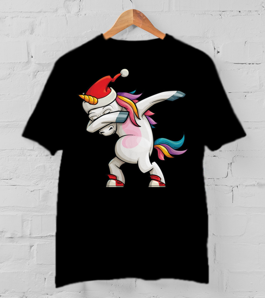 Dabbing Santacorn Xmas Funny Santa Unicorn Rainbow Mane Santa Hat T-Shirt
