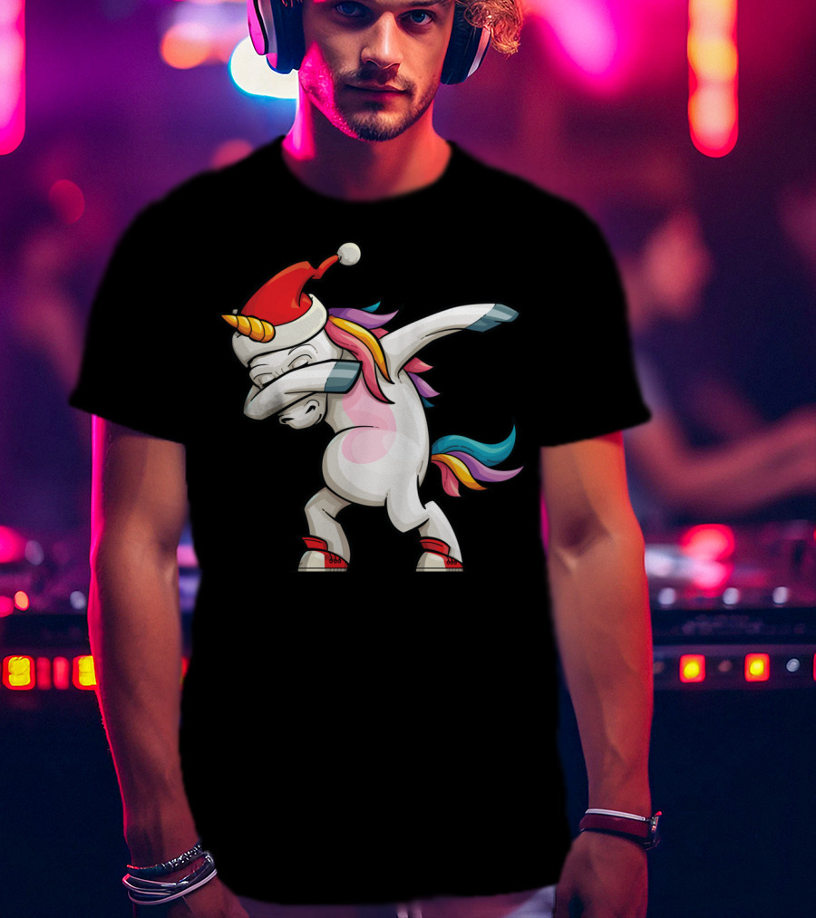 Dabbing Santacorn Xmas Funny Santa Unicorn Rainbow Mane Santa Hat T-Shirt