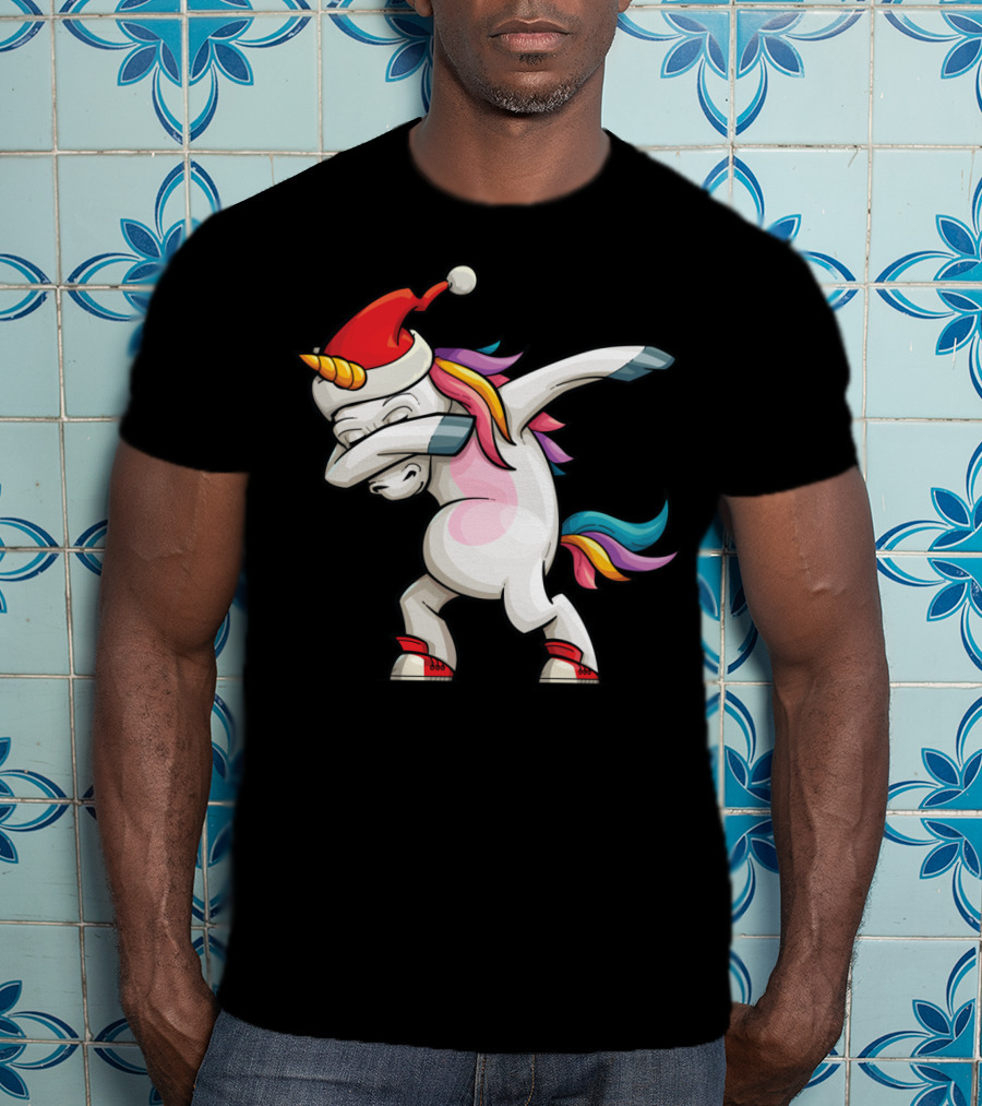 Dabbing Santacorn Xmas Funny Santa Unicorn Rainbow Mane Santa Hat T-Shirt