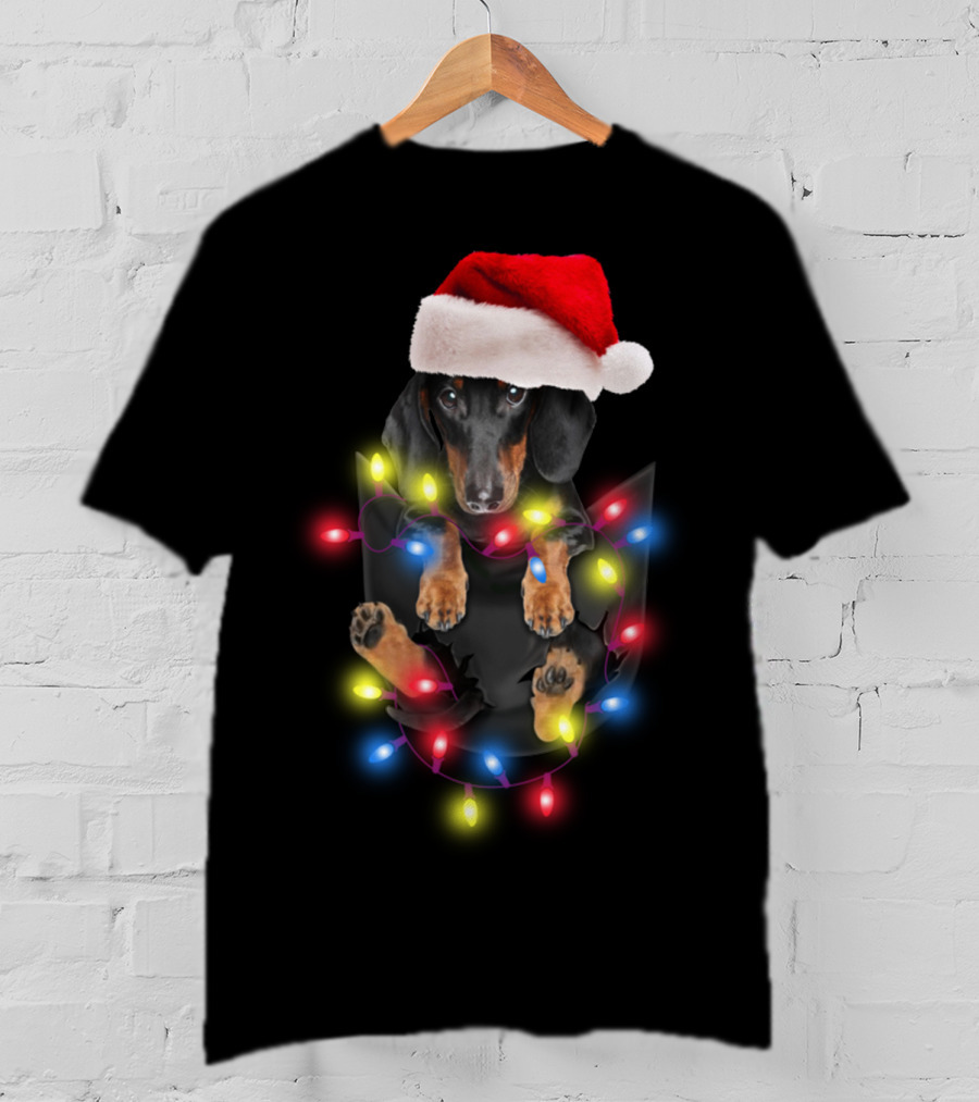 Dachshund Santa Hat Christmas Lights In Pocket Festive Holiday Puppy T-Shirt