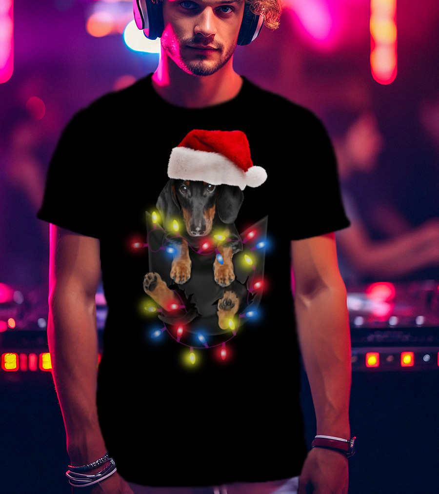 Dachshund Santa Hat Christmas Lights In Pocket Festive Holiday Puppy T-Shirt
