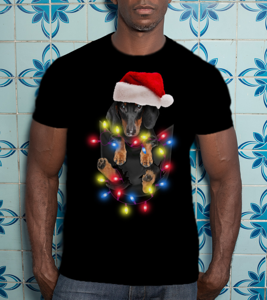 Dachshund Santa Hat Christmas Lights In Pocket Festive Holiday Puppy T-Shirt