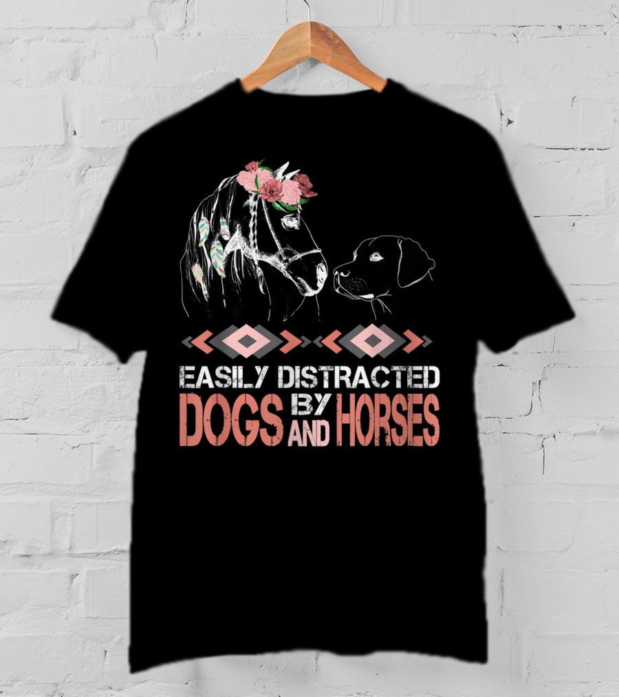 Easily Distracted By Dogs And Horses Horse With Flowers And Feathers T-Shirt