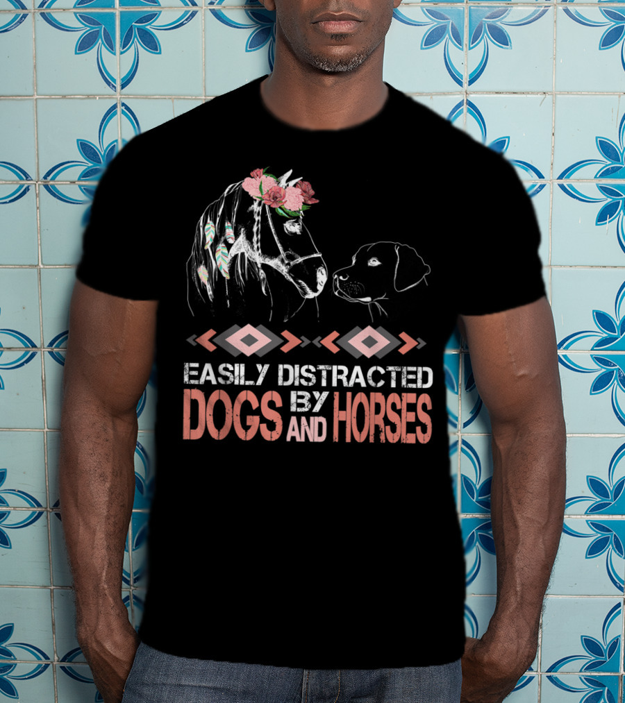 Easily Distracted By Dogs And Horses Horse With Flowers And Feathers T-Shirt