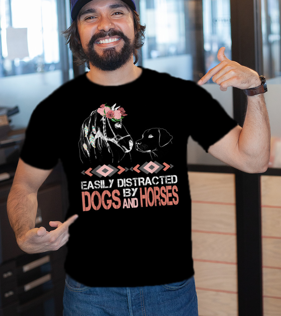 Easily Distracted By Dogs And Horses Horse With Flowers And Feathers T-Shirt