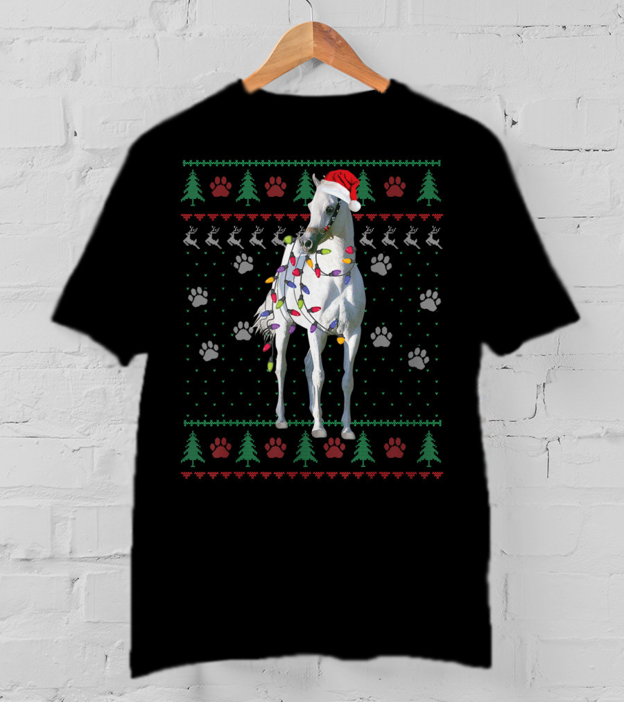 Funny Arabian Horse Santa Christmas Lights Holiday Ugly T-Shirt