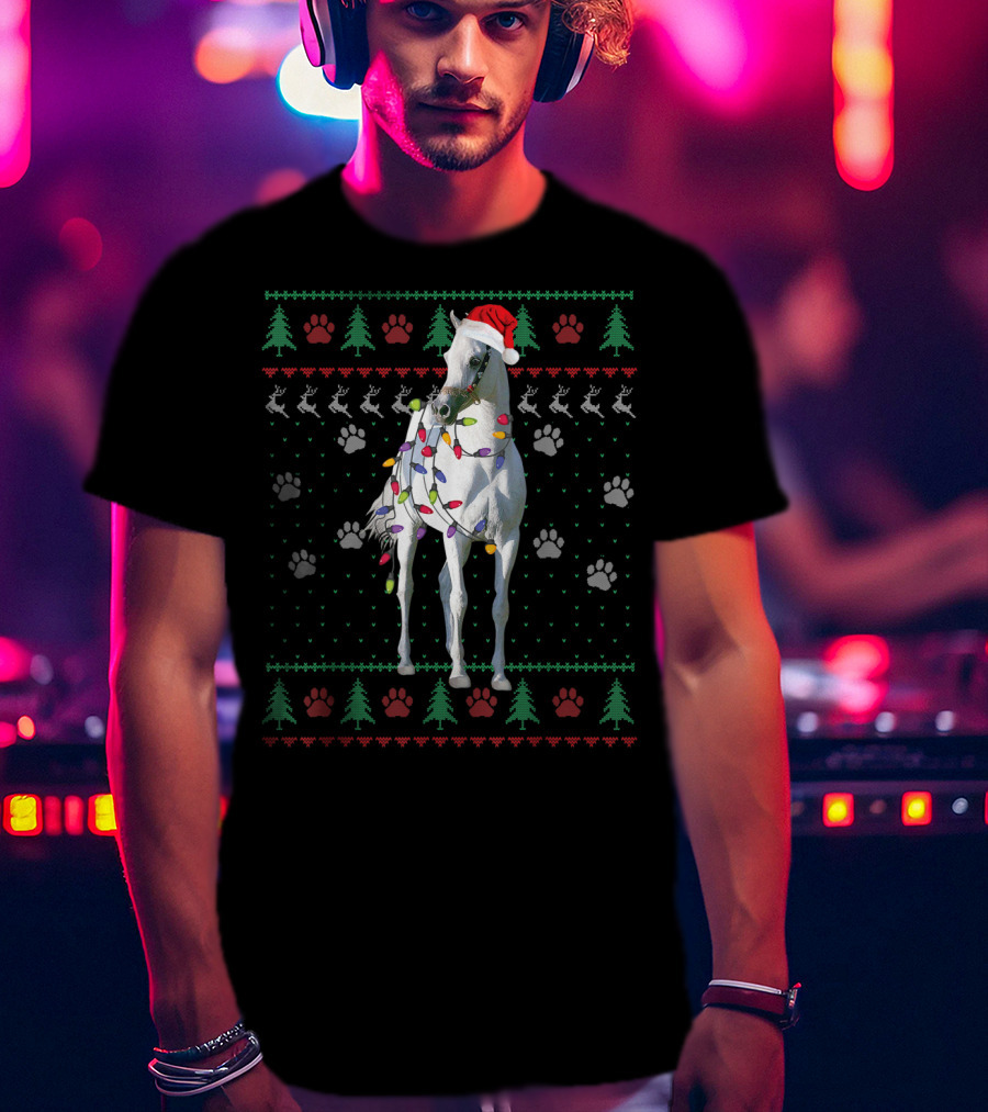 Funny Arabian Horse Santa Christmas Lights Holiday Ugly T-Shirt