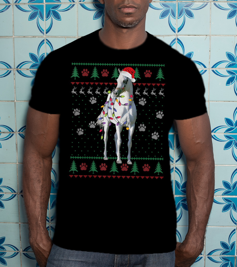 Funny Arabian Horse Santa Christmas Lights Holiday Ugly T-Shirt