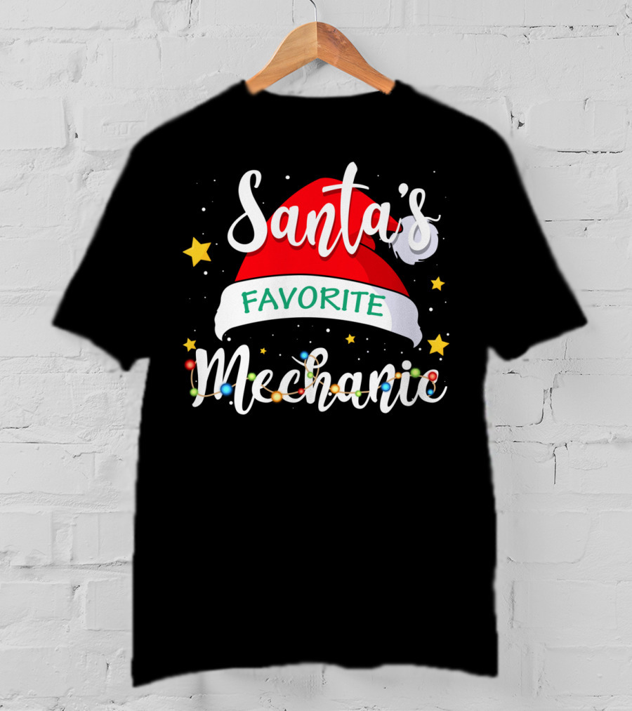Santa's Favorite Mechanic Christmas Costume With Santa Hat And Holiday Lights T-Shirt