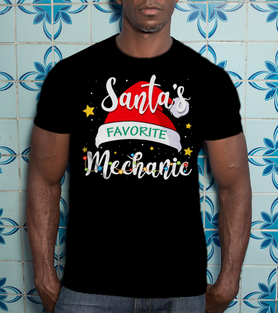 Santa's Favorite Mechanic Christmas Costume With Santa Hat And Holiday Lights T-Shirt