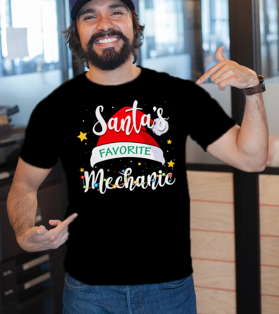 Santa's Favorite Mechanic Christmas Costume With Santa Hat And Holiday Lights T-Shirt