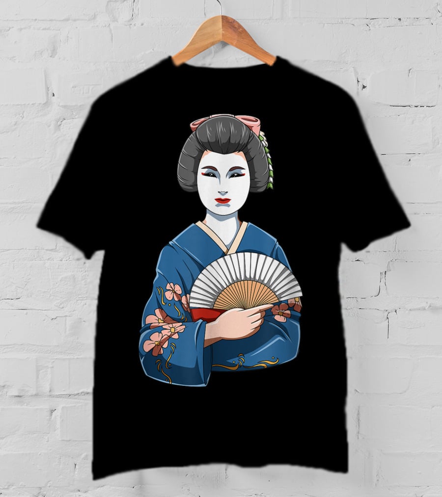 Geisha Girl Traditional Japanese Kimono Fan Blossoms T-Shirt