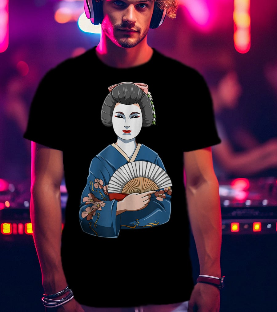 Geisha Girl Traditional Japanese Kimono Fan Blossoms T-Shirt