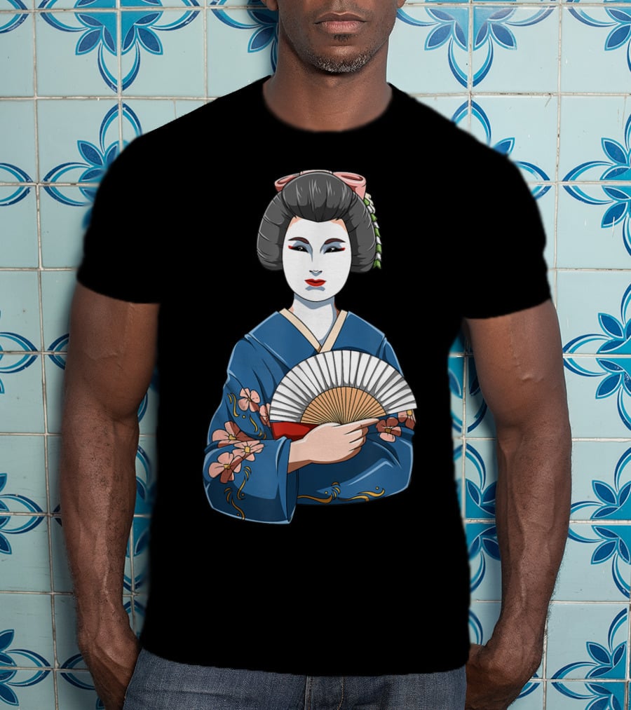Geisha Girl Traditional Japanese Kimono Fan Blossoms T-Shirt