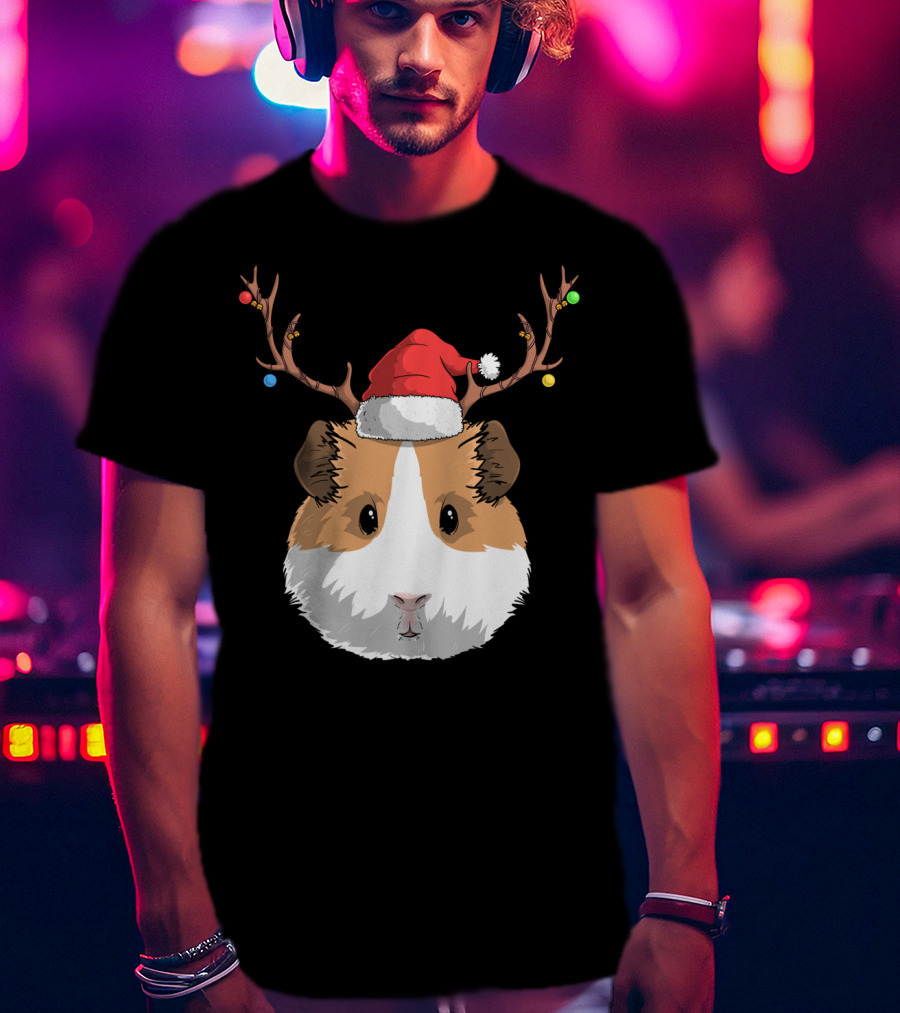 Santa Claus Hat Guinea Pig Reindeer Christmas Holiday T-Shirt