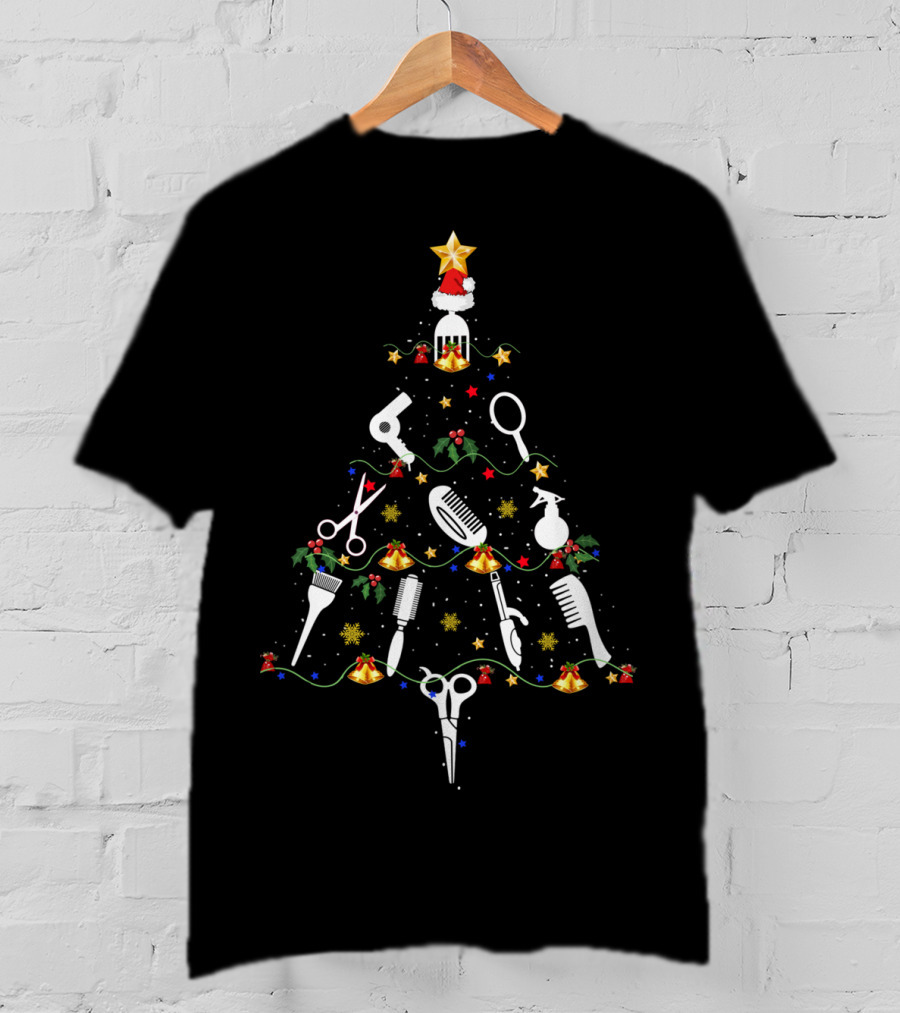 Hairdresser Lover Funny Christmas Tree Scissors Comb Hairdryer Ornaments T-Shirt