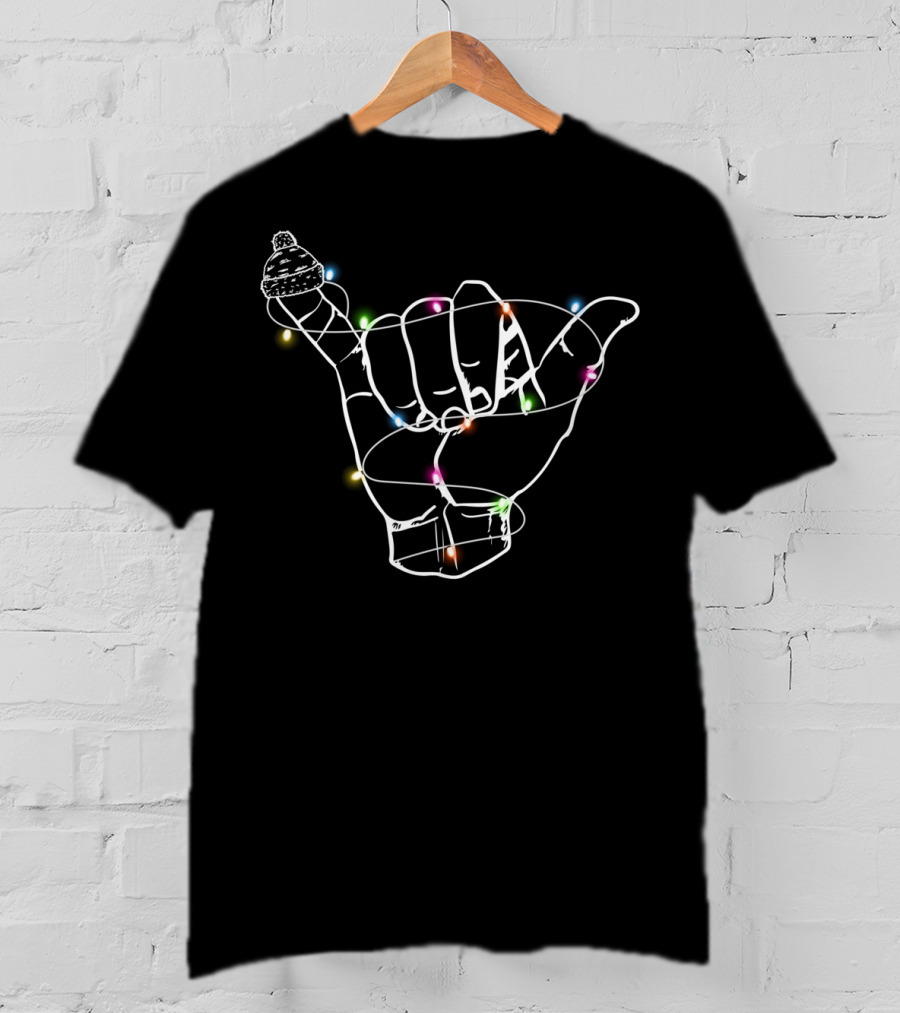 Hang Loose Christmas Shaka Sign With Santa Hat And Holiday Lights T-Shirt