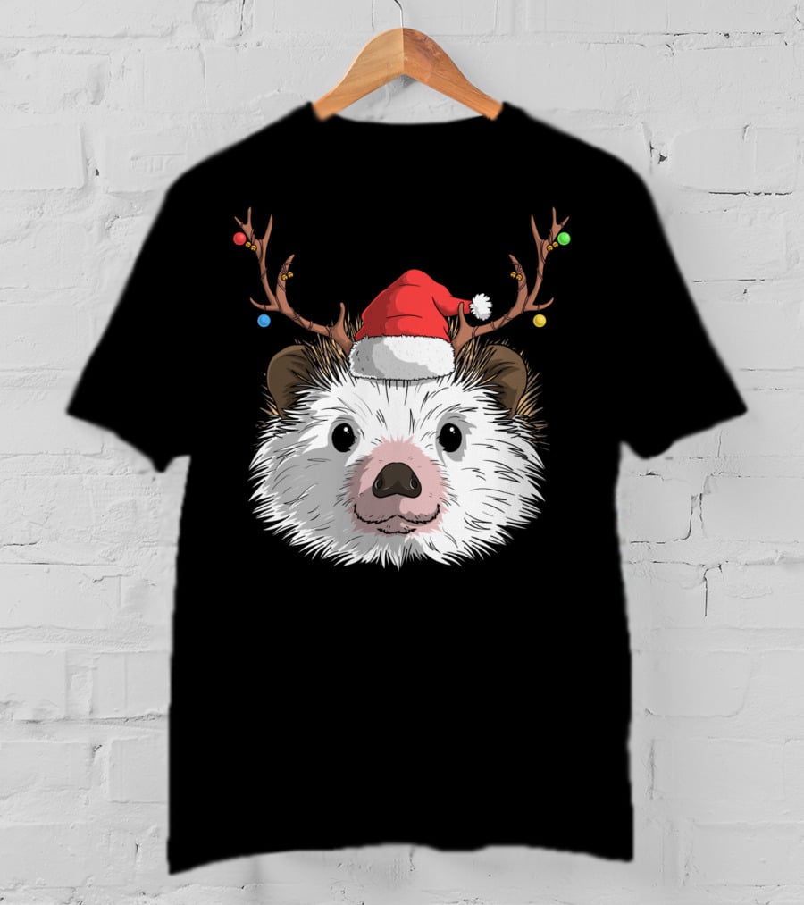 Hedgehog Santa Claus Hat Antlers Christmas Holiday T-Shirt