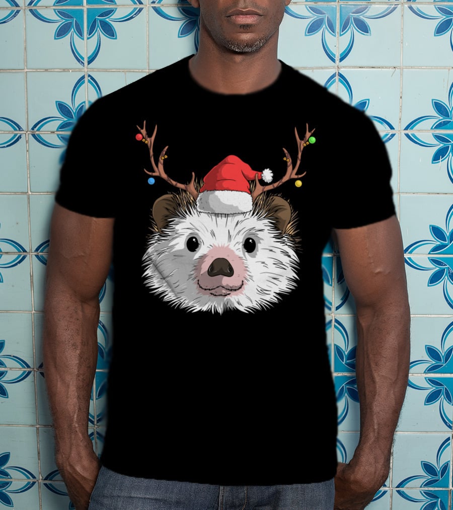 Hedgehog Santa Claus Hat Antlers Christmas Holiday T-Shirt