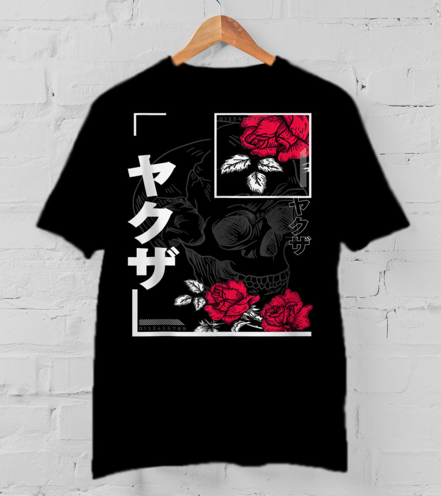 Urban Yakuza Skull And Red Roses T-Shirt