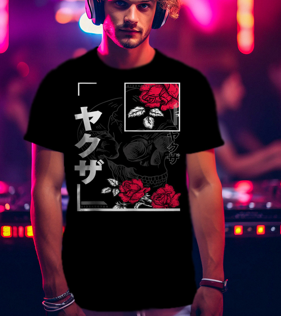 Urban Yakuza Skull And Red Roses T-Shirt