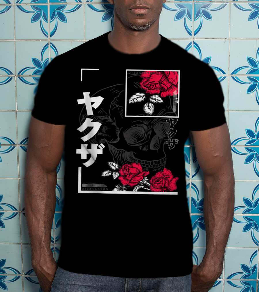 Urban Yakuza Skull And Red Roses T-Shirt