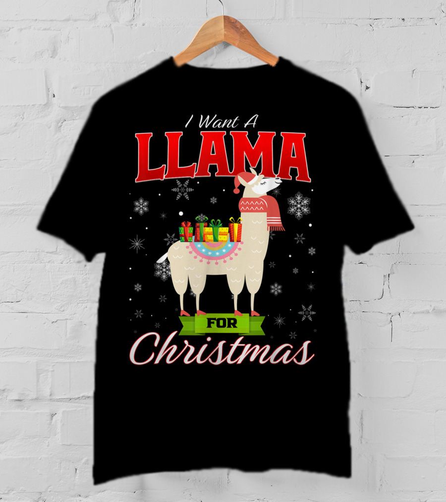 I Want A Llama For Christmas Santa Hat Snowflakes T-Shirt