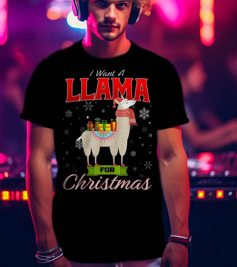 I Want A Llama For Christmas Santa Hat Snowflakes T-Shirt