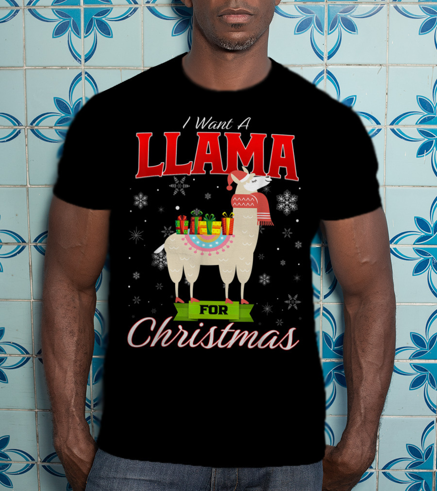 I Want A Llama For Christmas Santa Hat Snowflakes T-Shirt