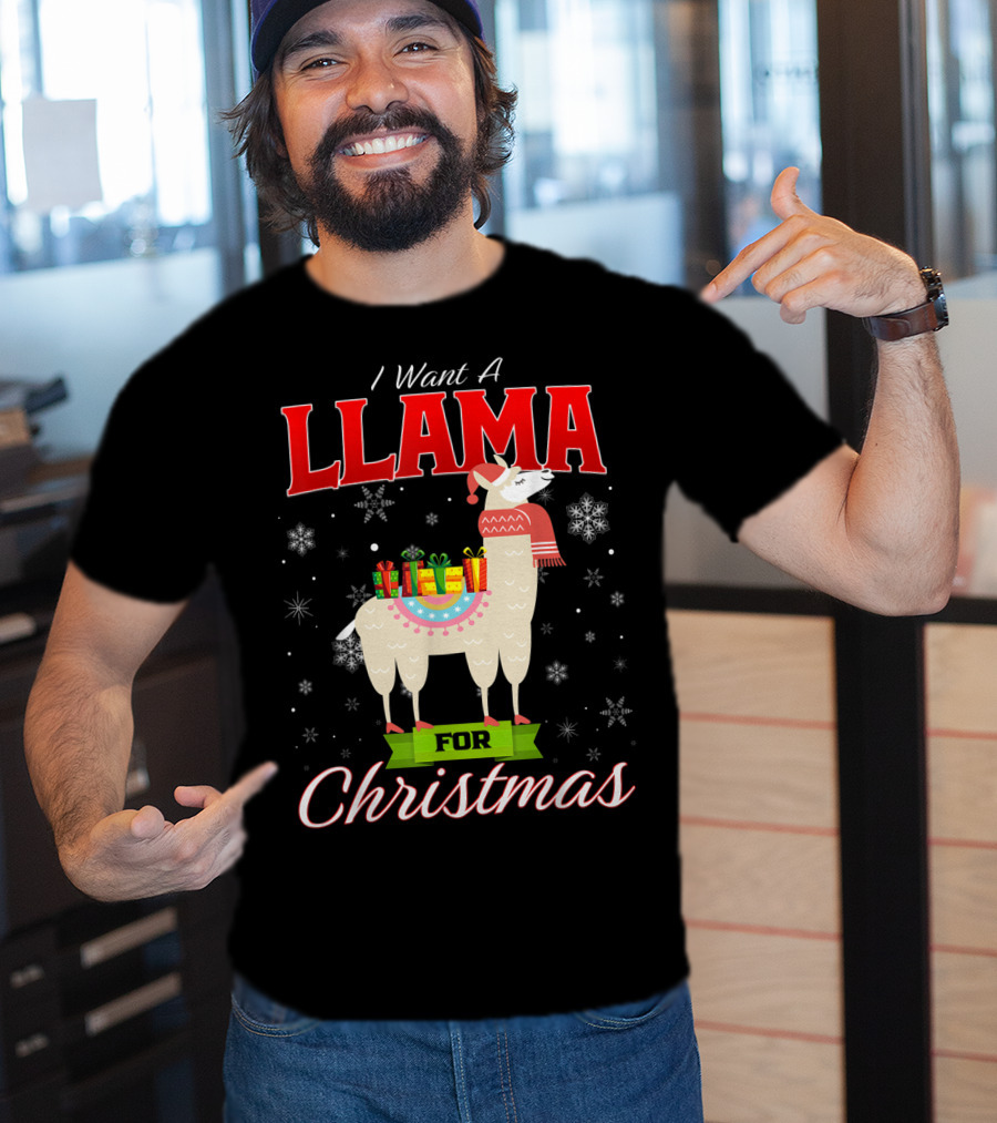 I Want A Llama For Christmas Santa Hat Snowflakes T-Shirt