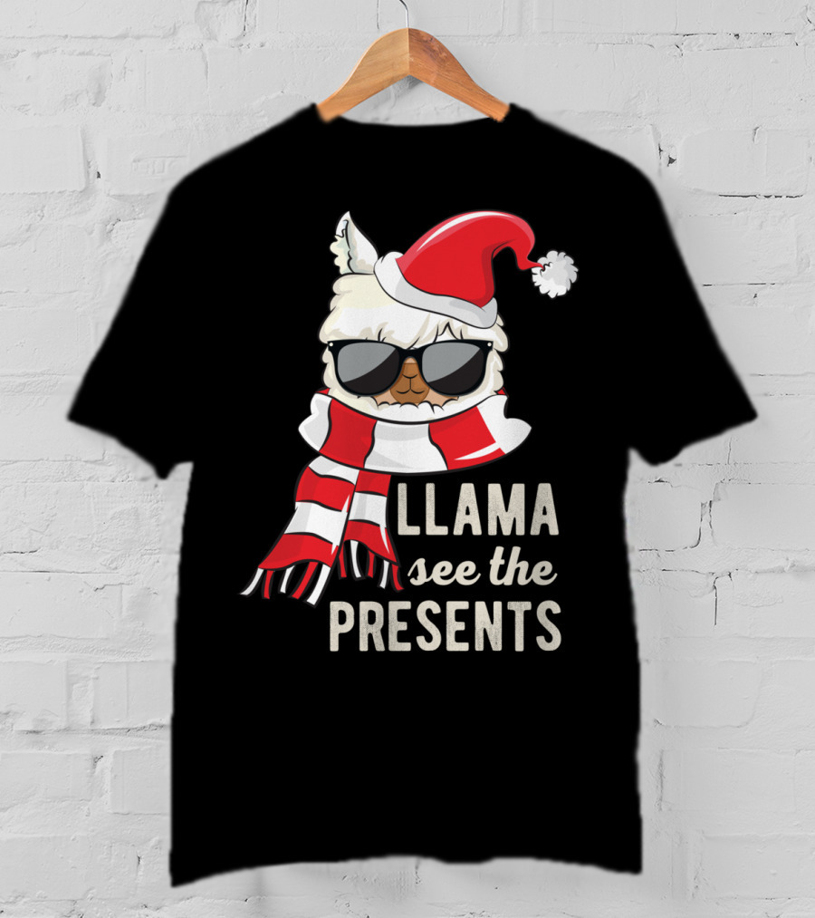 Llama See The Presents Funny Hat Xmas Alpaca Christmas Santa Scarf Sunglasses T-Shirt