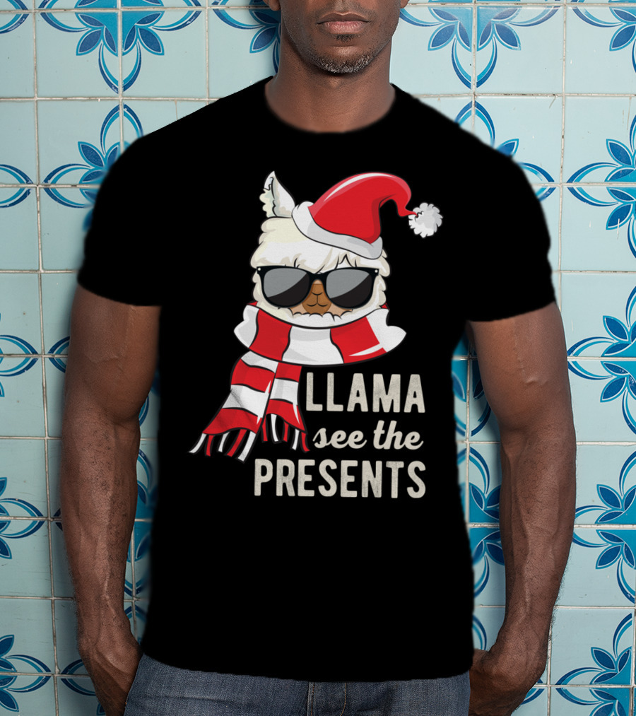 Llama See The Presents Funny Hat Xmas Alpaca Christmas Santa Scarf Sunglasses T-Shirt