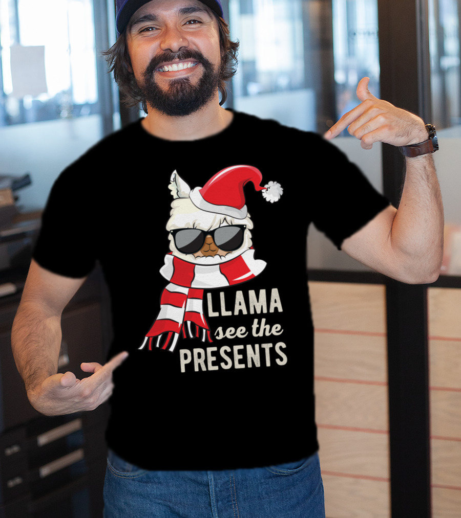Llama See The Presents Funny Hat Xmas Alpaca Christmas Santa Scarf Sunglasses T-Shirt