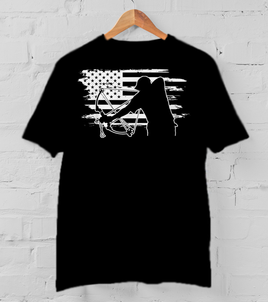 Dad Bowfishing Archer Silhouette With American Flag Background T-Shirt