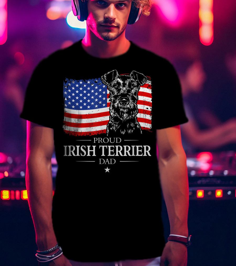 Proud Irish Terrier Dad With American Flag Background T-Shirt