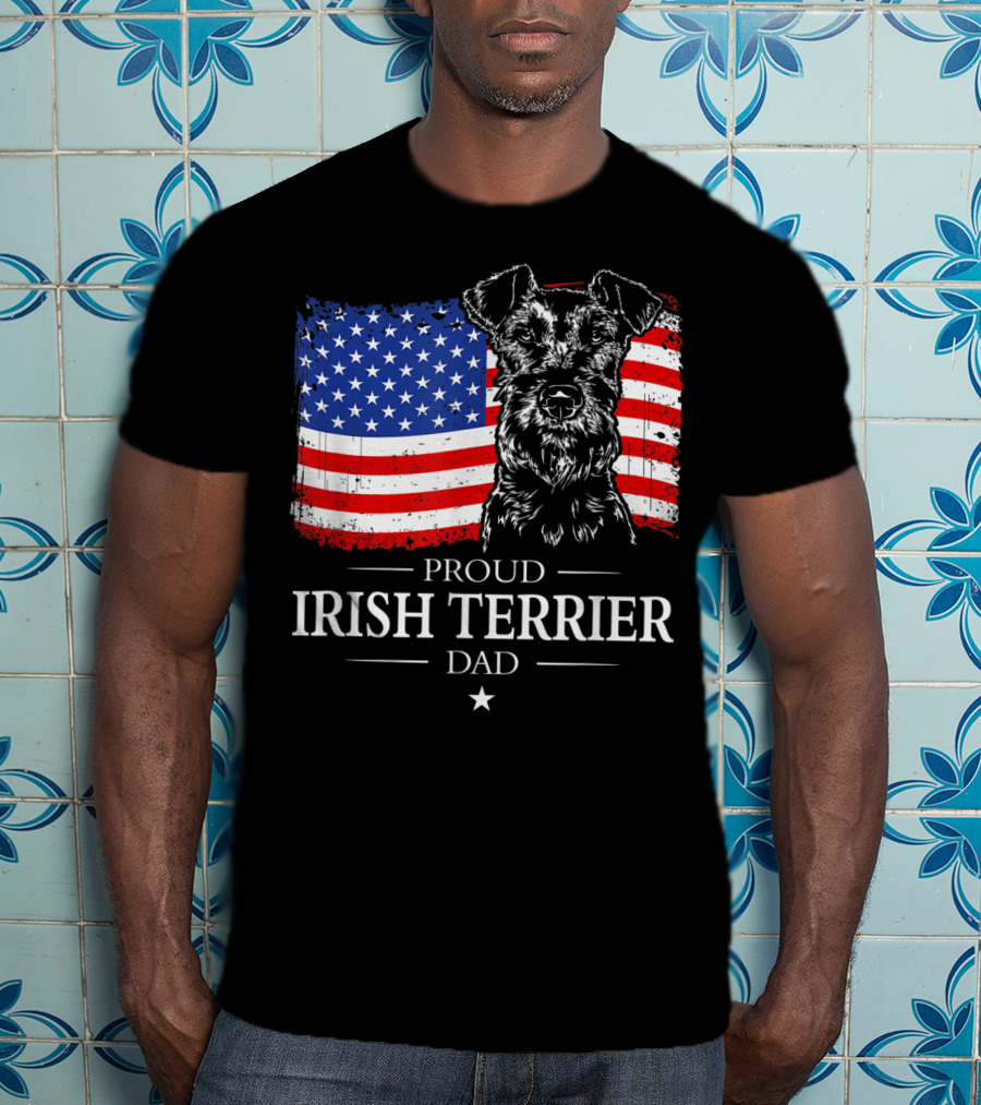 Proud Irish Terrier Dad With American Flag Background T-Shirt