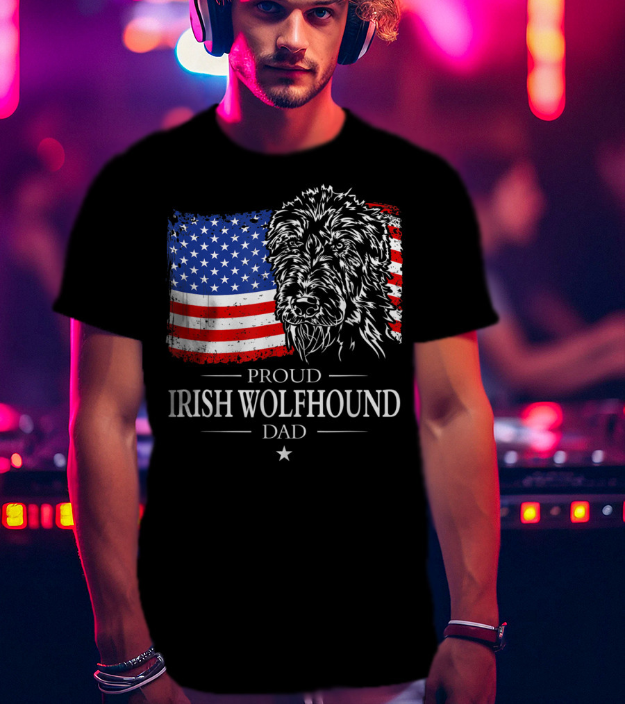 Proud Irish Wolfhound Dad American Flag T-Shirt