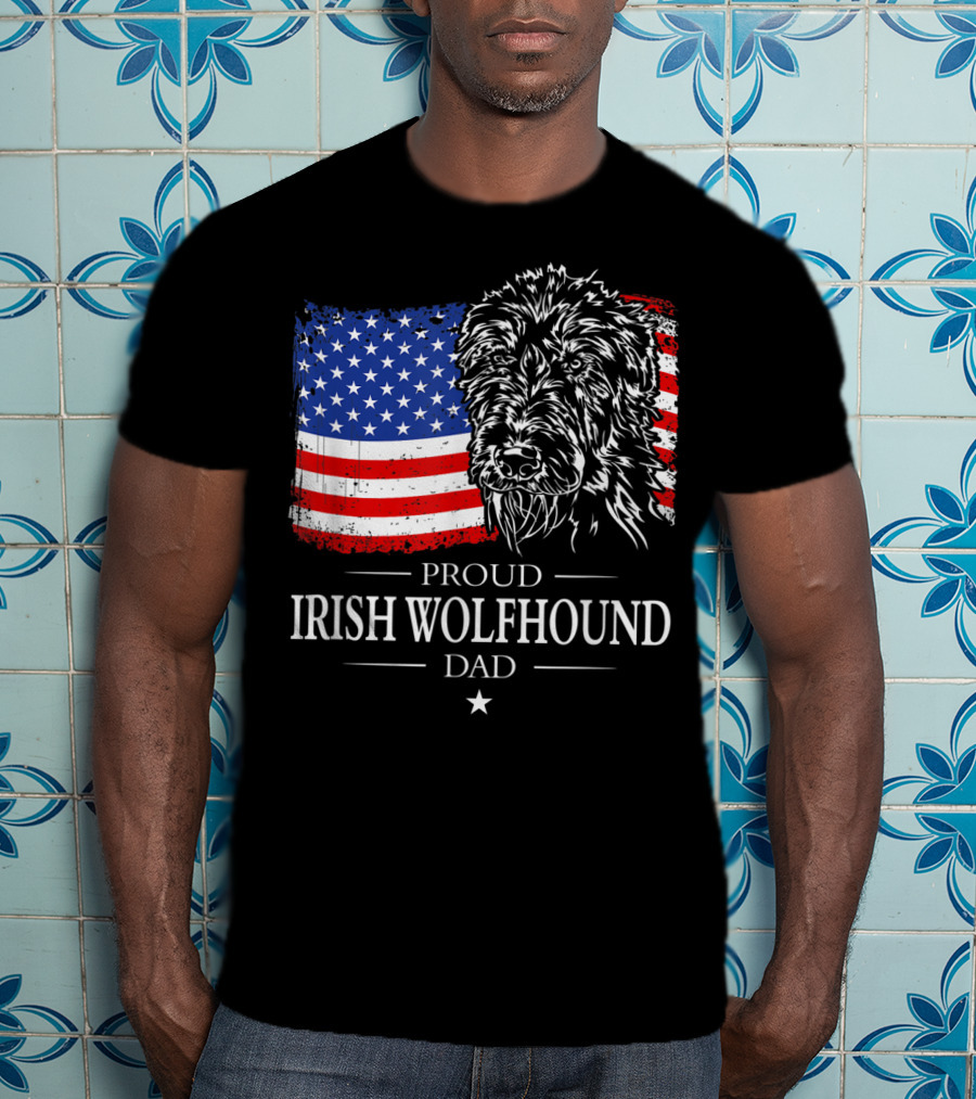 Proud Irish Wolfhound Dad American Flag T-Shirt