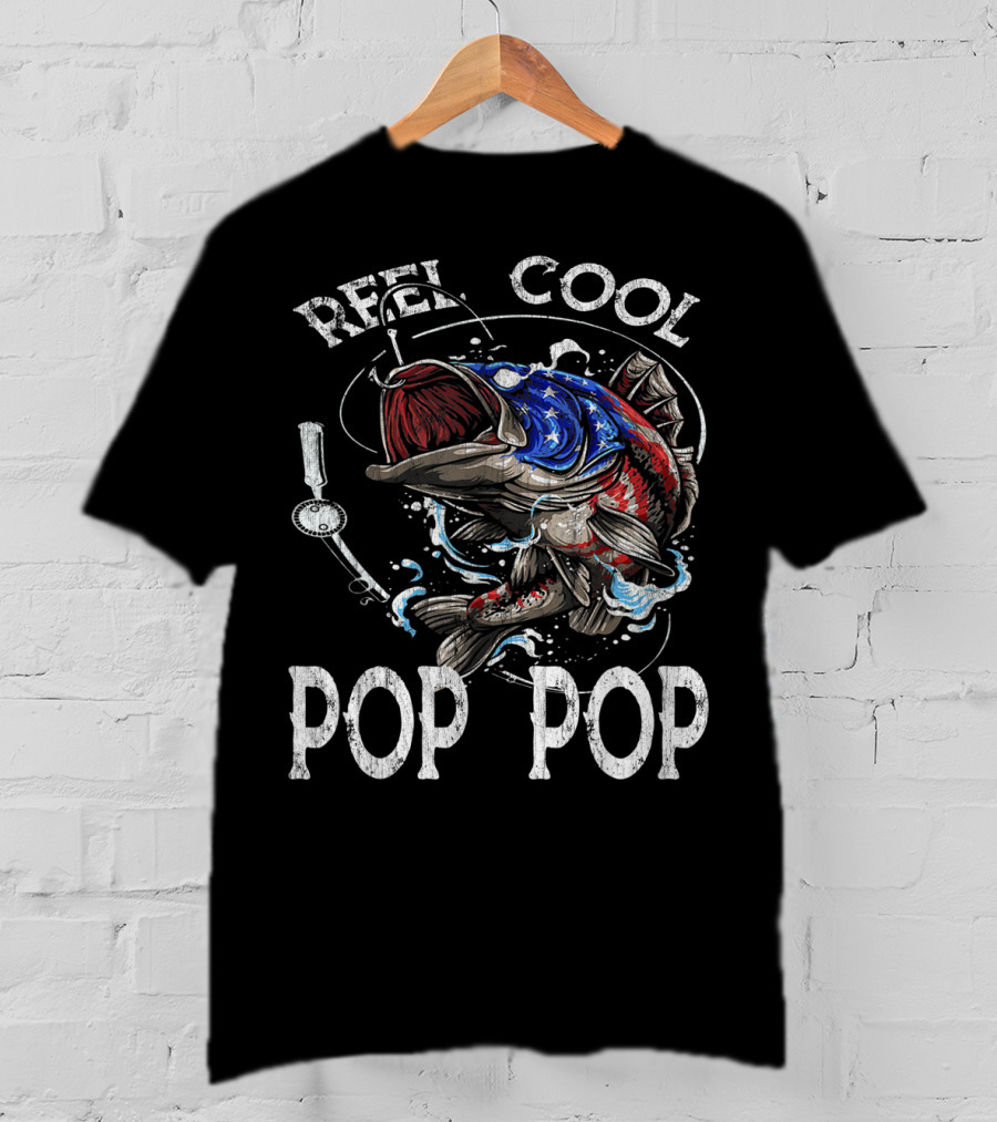 Reel Cool Pop Pop American Flag Bass Fish T-Shirt