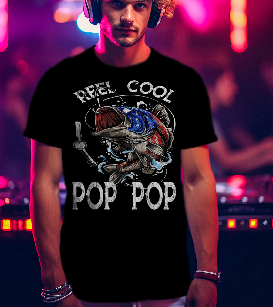 Reel Cool Pop Pop American Flag Bass Fish T-Shirt