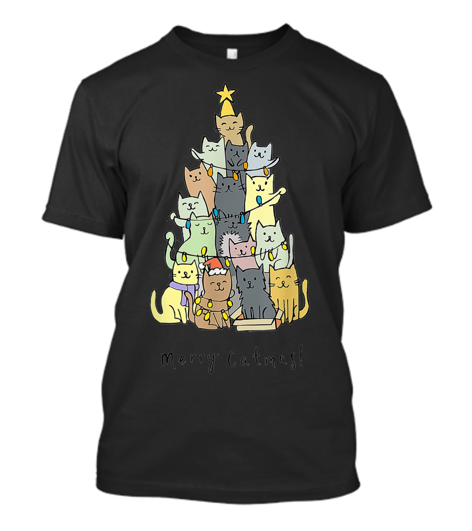 Merry Catmas Funny Cats Christmas Tree With Star And Decorations T-Shirt