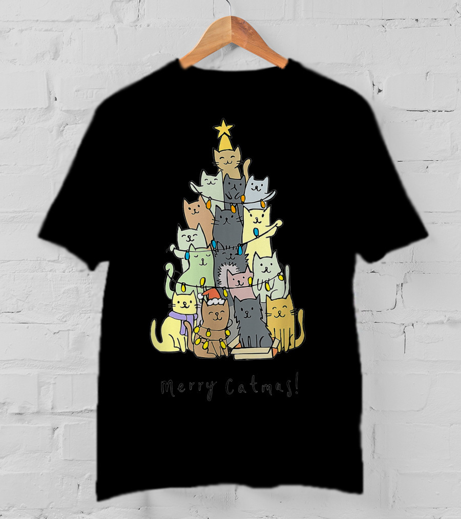 Merry Catmas Funny Cats Christmas Tree With Star And Decorations T-Shirt