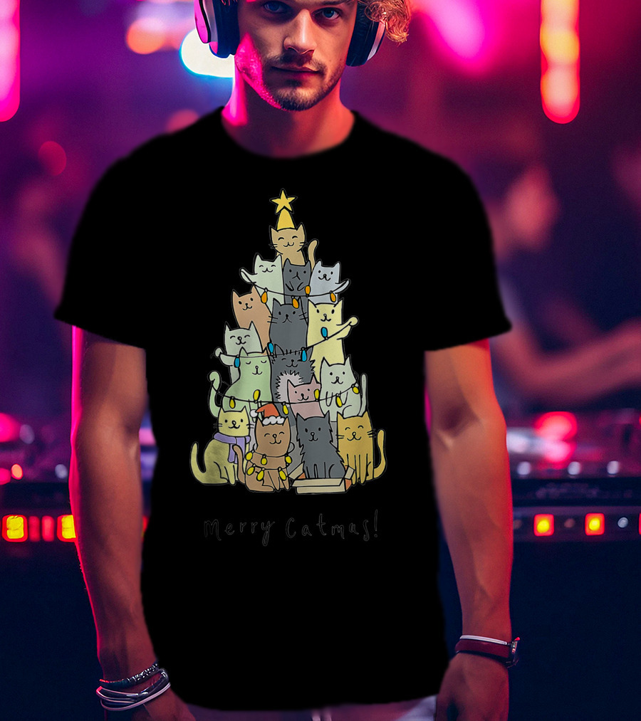 Merry Catmas Funny Cats Christmas Tree With Star And Decorations T-Shirt