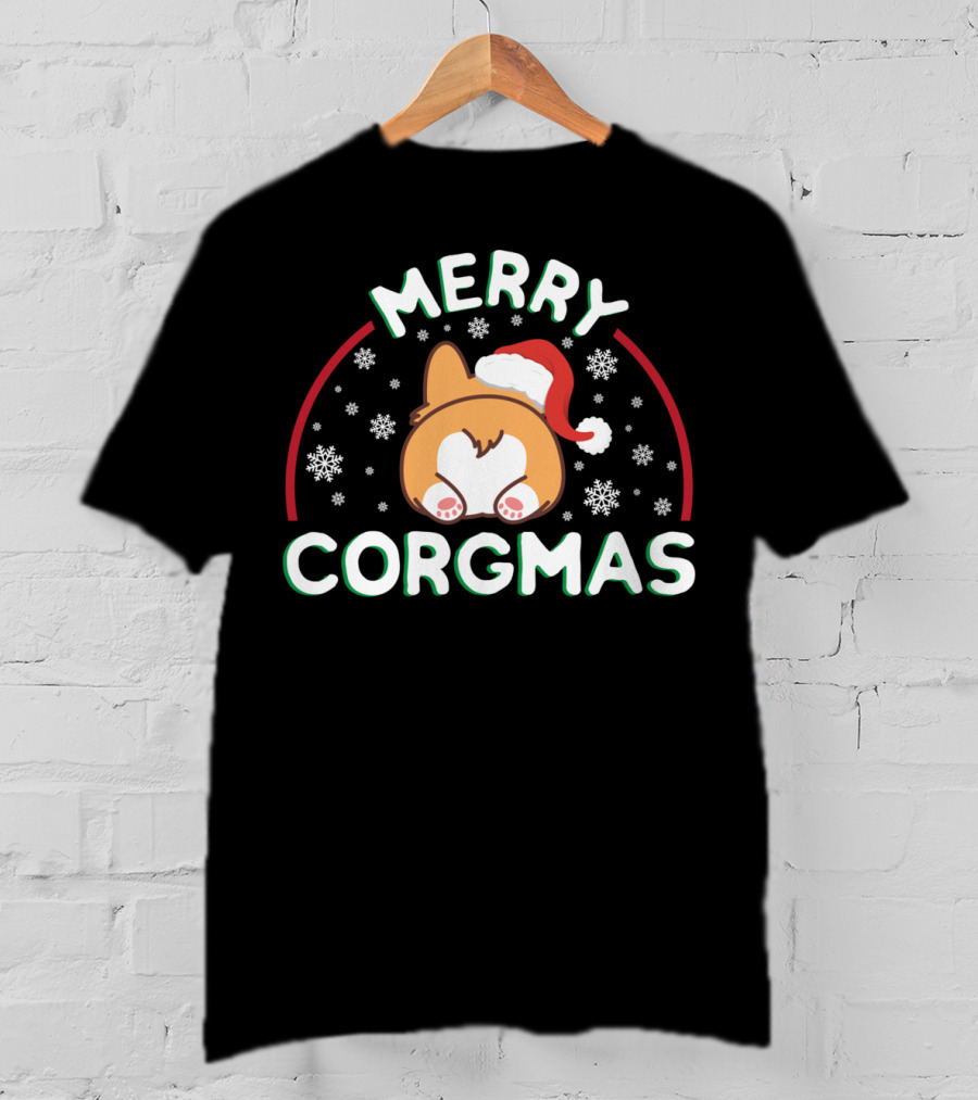Merry Corgmas Corgi Doggo With Santa Hat And Snowflakes T-Shirt