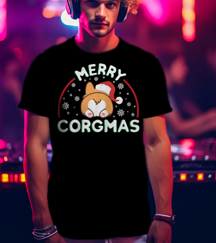 Merry Corgmas Corgi Doggo With Santa Hat And Snowflakes T-Shirt